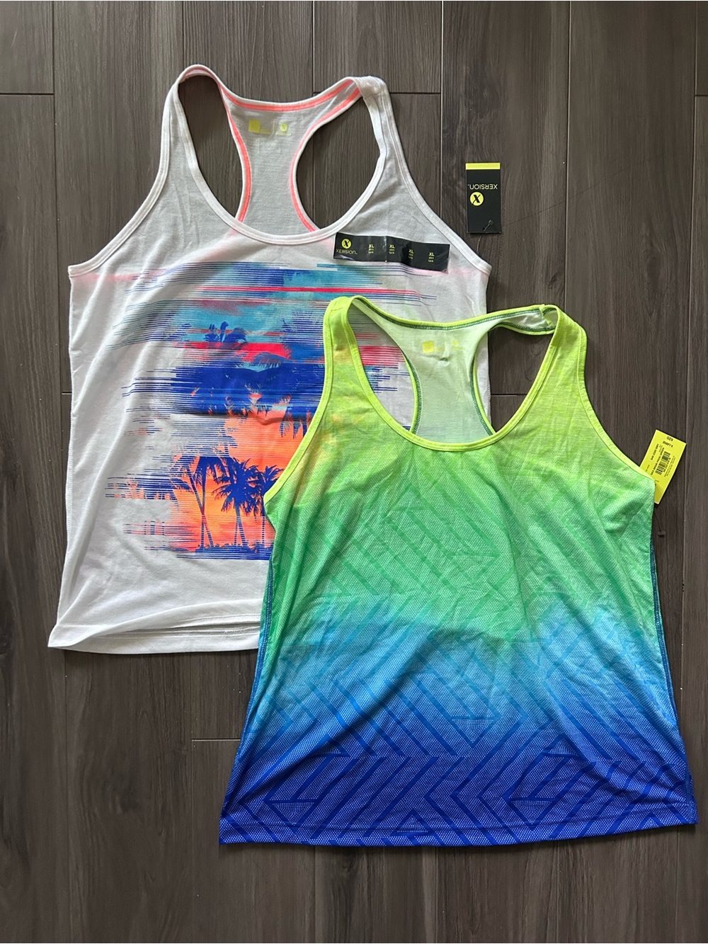 Xersion Women’s Racerback Tanks - White Sunset Graphic & Green-Blue Ombré 2X